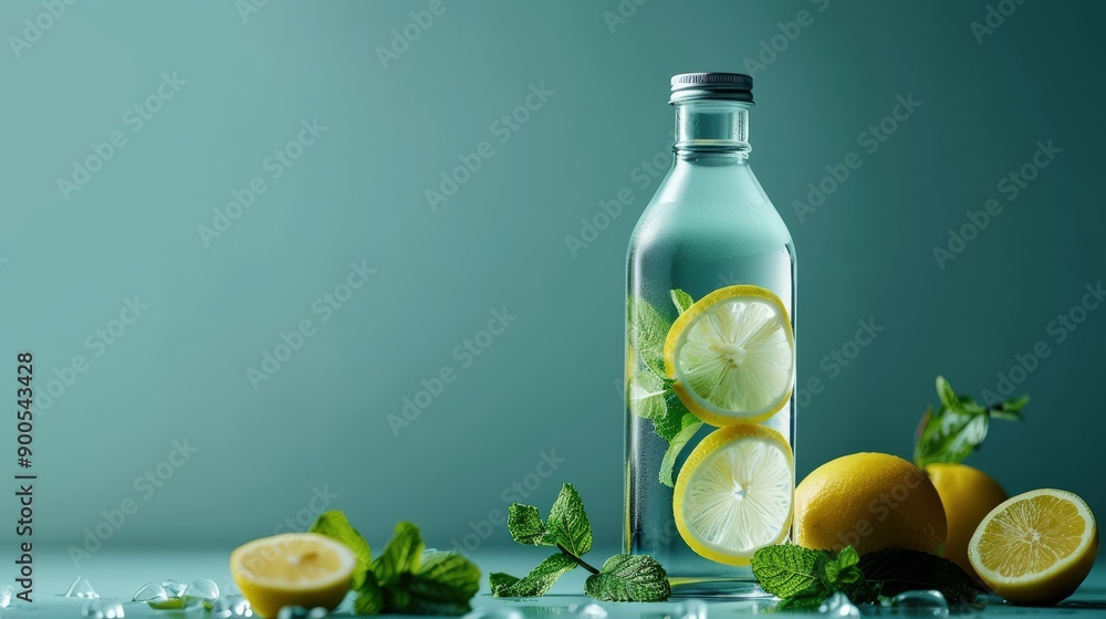 Glass Bottle Filled With Fresh Lemon Slices and Mint Leaves, Refreshing Summer Drink, Healthy Beverage, Detox Water, Green Background Glass Bottle Filled With Fresh Lemon Slices and Mint Leaves, Refreshing Summer Drink, Healthy Beverage, Detox Water, Green Background