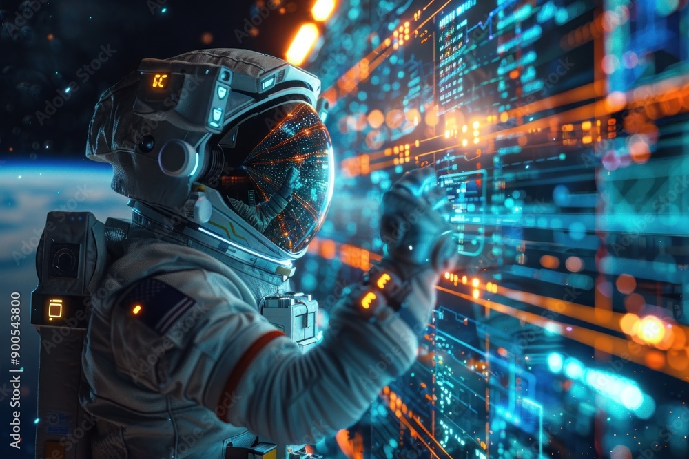 An astronaut in a futuristic space suit floating near a space station, using a glowing 3D holographic device to communicate with Earth. The backdrop features the vastness of space and a distant view An astronaut in a futuristic space suit floating near a space station, using a glowing 3D holographic device to communicate with Earth. The backdrop features the vastness of space and a distant view