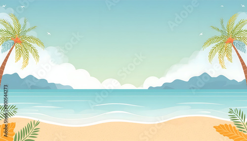 Abstract landscape coconut tree and soft wave sea on watercolor, Generative AI.