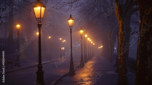 Classic sidewalk lights on a foggy evening