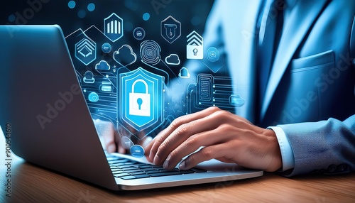 Zero Trust Security Concept. A person types on a laptop with virtual icons zero trust security, cloud protection, business information network security, shields, connectivity, cybersecurity measures, photo