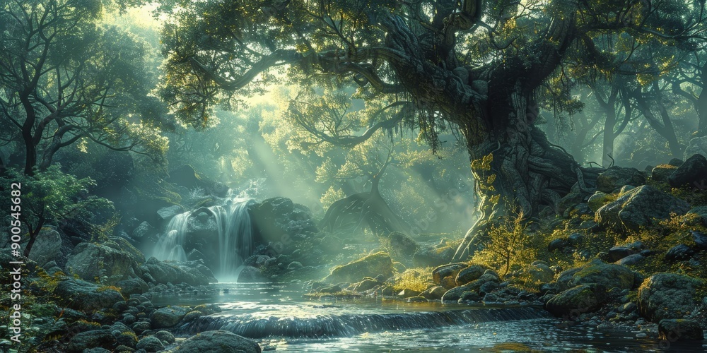 Obraz premium Enchanting Woodland Waterfall Oasis in Misty Forest