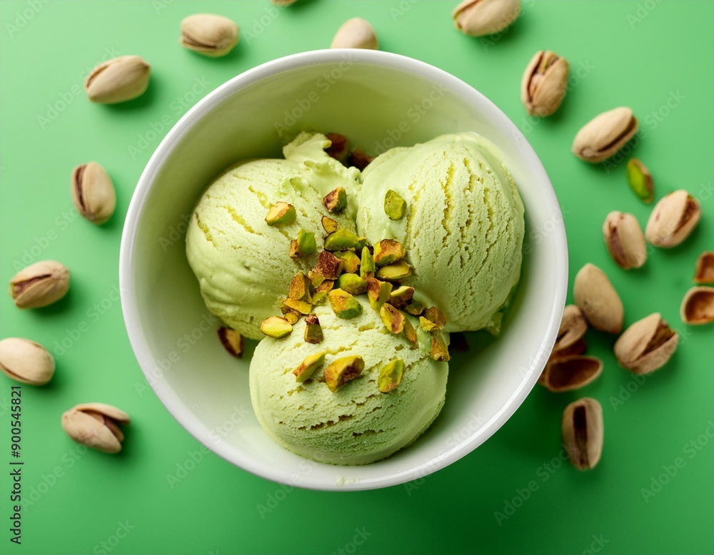 Bowl of green pistachio ice cream and dried fruit pieces isolated on green background. Top view Bowl of green pistachio ice cream and dried fruit pieces isolated on green background. Top view