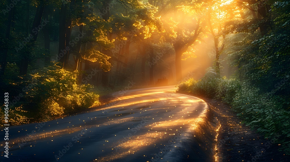 Misty forest road at dawn, bright sunbeams piercing through trees, golden morning light, dew-covered asphalt, atmospheric fog, sun-dappled path, lush green foliage. Misty forest road at dawn, bright sunbeams piercing through trees, golden morning light, dew-covered asphalt, atmospheric fog, sun-dappled path, lush green foliage.