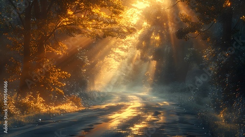 Misty forest road at dawn, bright sunbeams piercing through trees, golden morning light, dew-covered asphalt, atmospheric fog, sun-dappled path, lush green foliage. © horizon