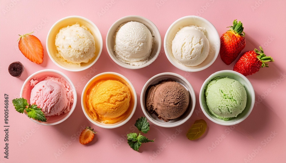 Set of bowls with various colorful Ice Cream scoops with different flavors and fresh ingredients on pink background, top view Set of bowls with various colorful Ice Cream scoops with different flavors and fresh ingredients on pink background, top view