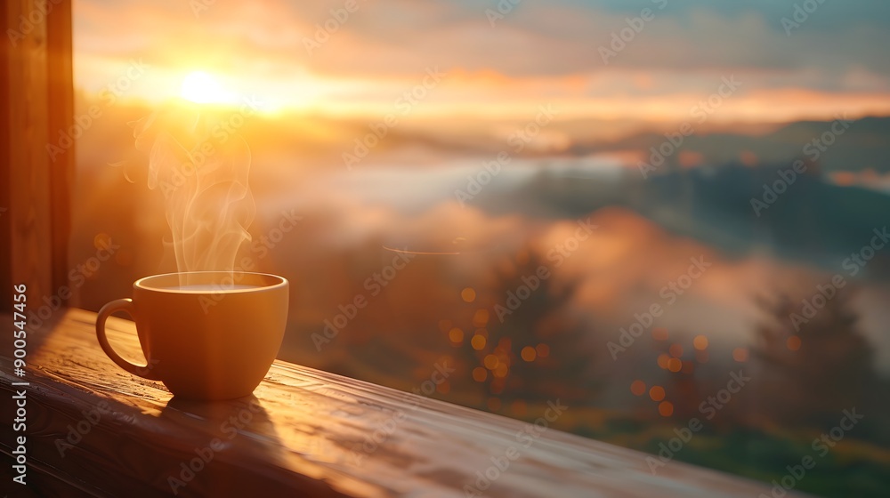 Steaming coffee cup on wooden windowsill at sunrise, panoramic view of misty mountains, early morning light, golden hour, soft focus, warm tones, photorealistic. Steaming coffee cup on wooden windowsill at sunrise, panoramic view of misty mountains, early morning light, golden hour, soft focus, warm tones, photorealistic.