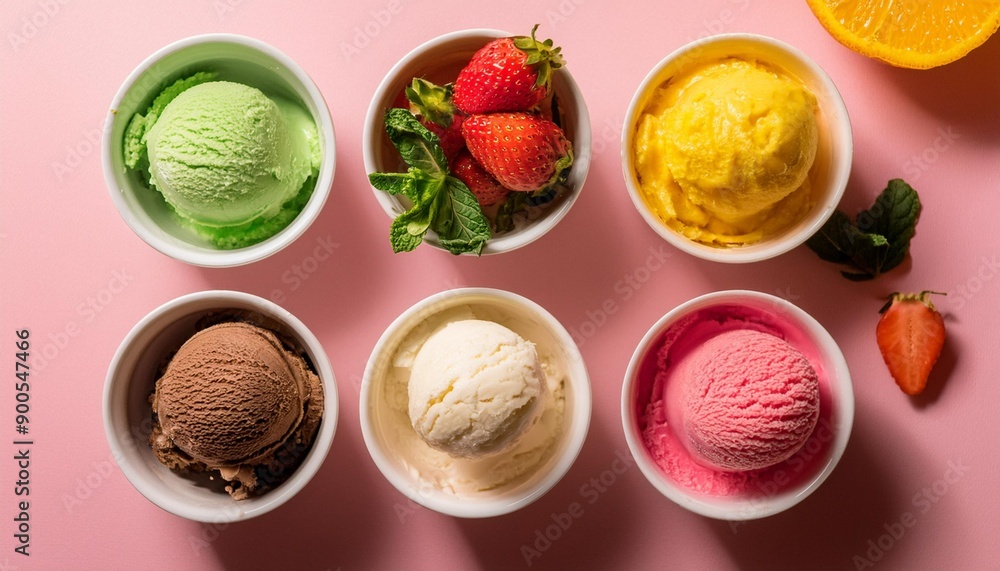 Set of bowls with various colorful Ice Cream scoops with different flavors and fresh ingredients on pink background, top view Set of bowls with various colorful Ice Cream scoops with different flavors and fresh ingredients on pink background, top view
