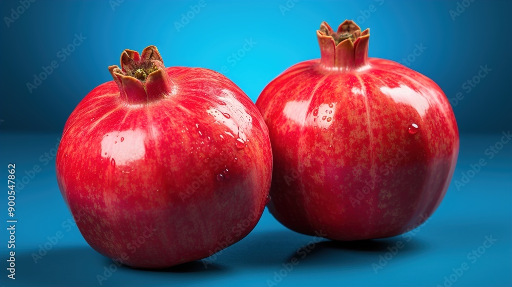 two pomegranates sit side by side on a blue background. two pomegranates sit side by side on a blue background.
