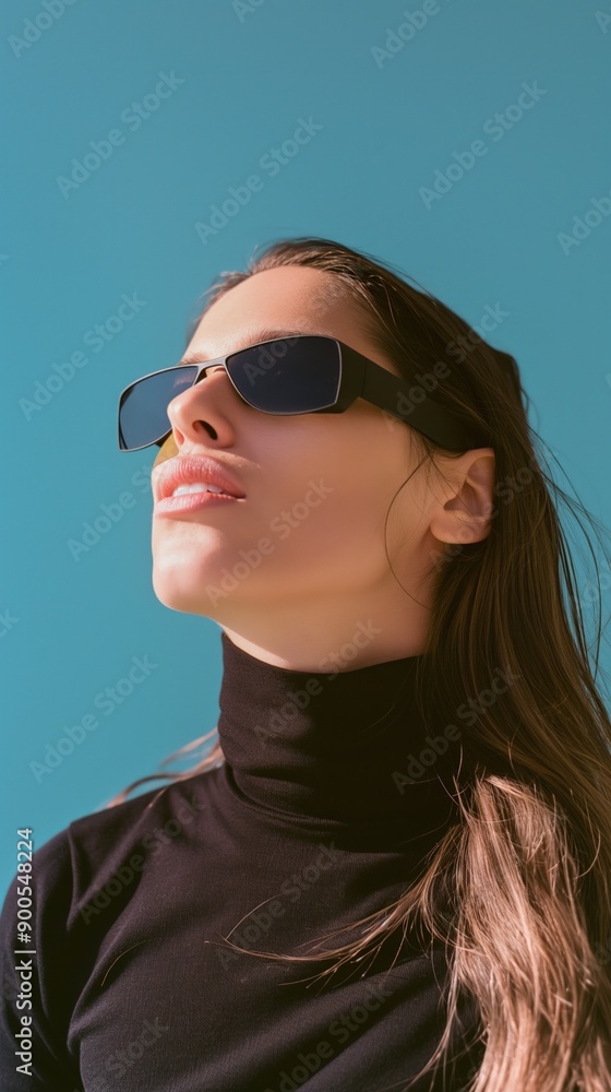 A woman with sunglasses looks upward, promoting awareness for the visually impaired A woman with sunglasses looks upward, promoting awareness for the visually impaired
