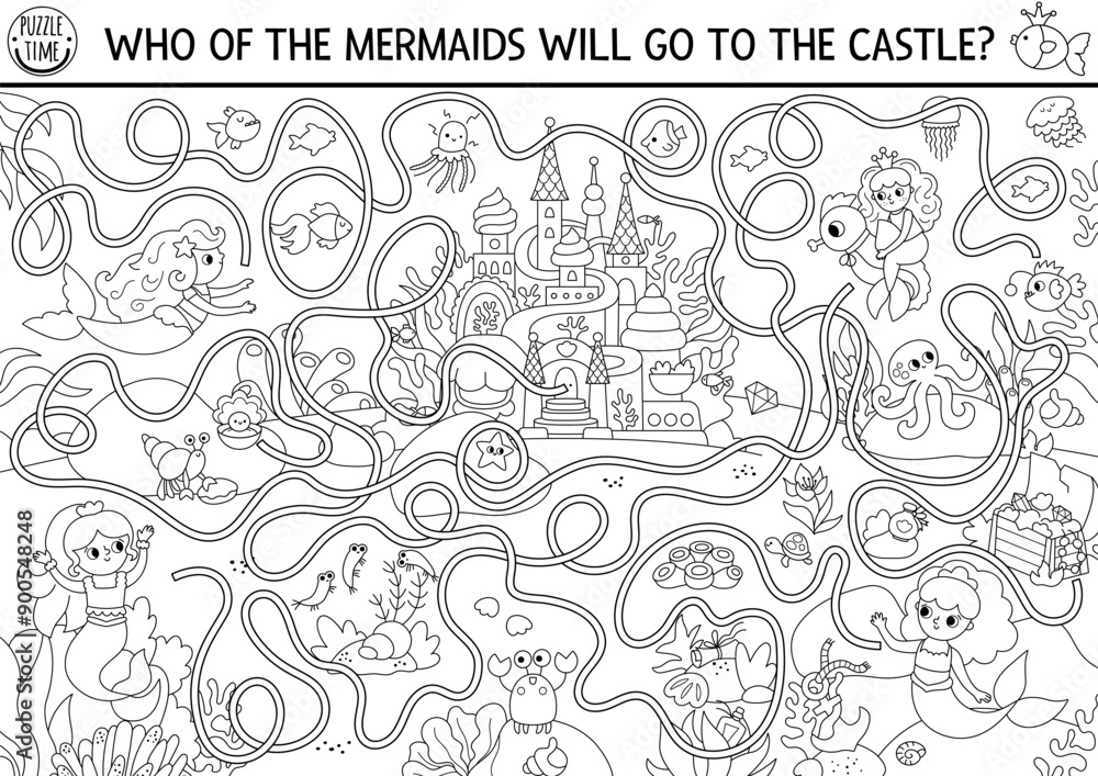 Mermaid black and white maze with sea bed landscape, princess, castle. Marine preschool printable activity. Ocean kingdom labyrinth game, coloring page. Worksheet with treasure chest Mermaid black and white maze with sea bed landscape, princess, castle. Marine preschool printable activity. Ocean kingdom labyrinth game, coloring page. Worksheet with treasure chest
