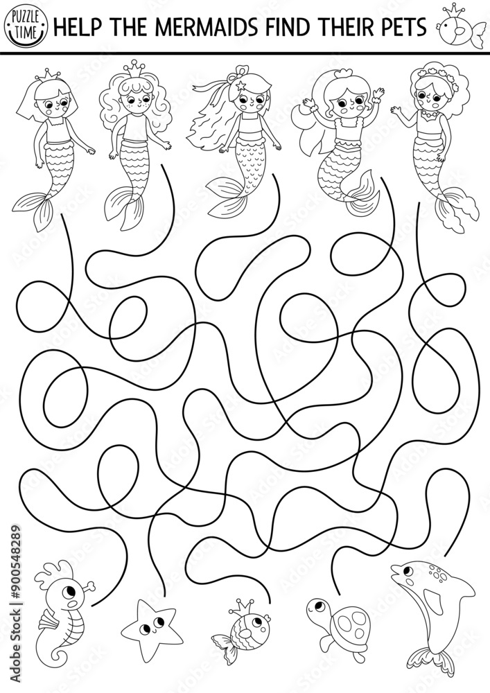 Mermaid black and white maze for kids with their pet animals. Marine line printable activity. Fairytale ocean kingdom labyrinth game, coloring page. Water life worksheet with sea princess, dolphin Mermaid black and white maze for kids with their pet animals. Marine line printable activity. Fairytale ocean kingdom labyrinth game, coloring page. Water life worksheet with sea princess, dolphin