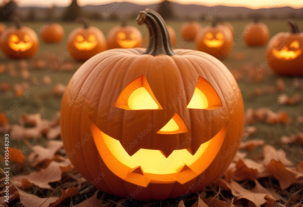 Illuminated Halloween pumpkin, pumpkin field in background Illuminated Halloween pumpkin, pumpkin field in background