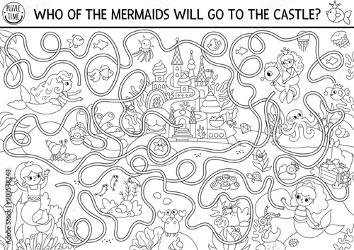 Mermaid black and white maze with sea bed landscape, princess, castle. Marine preschool printable activity. Ocean kingdom labyrinth game, coloring page. Worksheet with treasure chest