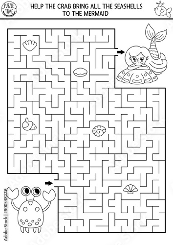 Mermaid black and white maze for kids with crab with seashells. Marine printable activity. Fairytale line ocean kingdom geometrical labyrinth game, coloring page. Worksheet with sea princess