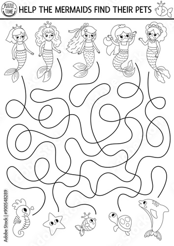 Mermaid black and white maze for kids with their pet animals. Marine line printable activity. Fairytale ocean kingdom labyrinth game, coloring page. Water life worksheet with sea princess, dolphin