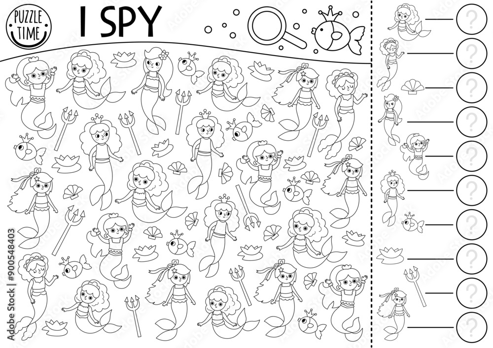 Mermaid black and white I spy game for kids. Searching, counting line activity with trident, seashell, fish. Fairytale ocean kingdom printable worksheet. Marine spotting puzzle, coloring page Mermaid black and white I spy game for kids. Searching, counting line activity with trident, seashell, fish. Fairytale ocean kingdom printable worksheet. Marine spotting puzzle, coloring page