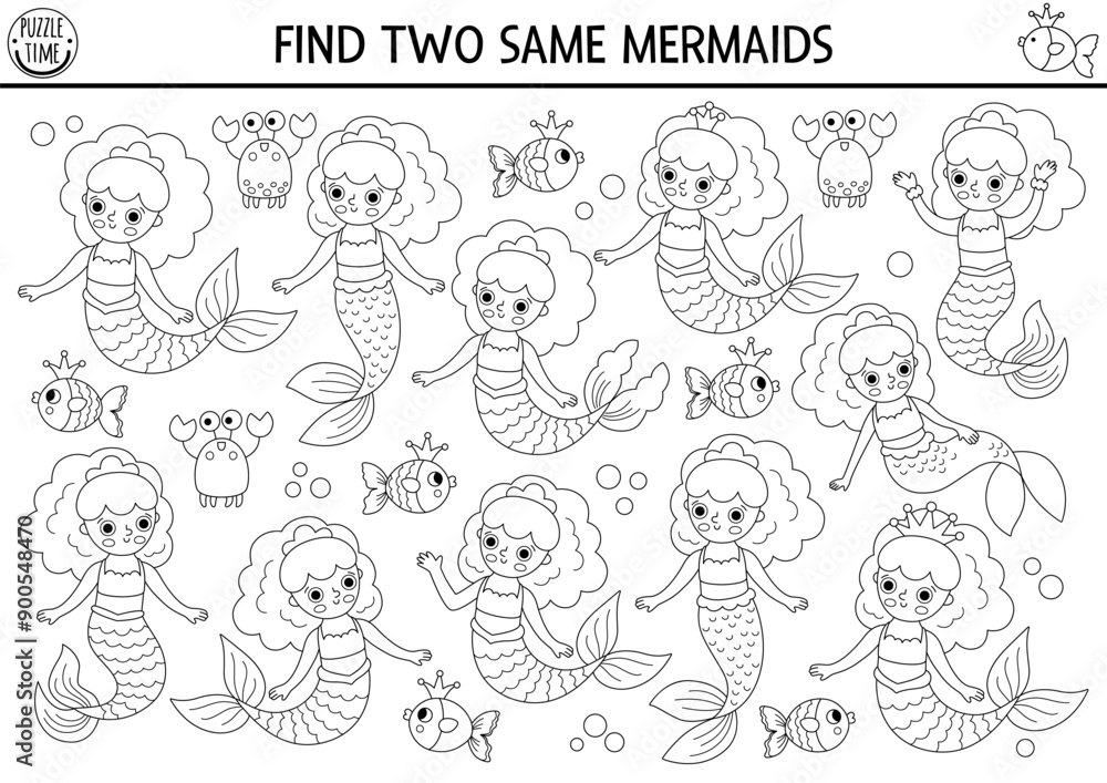 Find two same mermaids. Black and white fairytale ocean kingdom matching activity for children. Marine educational quiz worksheet, coloring page. Line printable game with sea princess Find two same mermaids. Black and white fairytale ocean kingdom matching activity for children. Marine educational quiz worksheet, coloring page. Line printable game with sea princess
