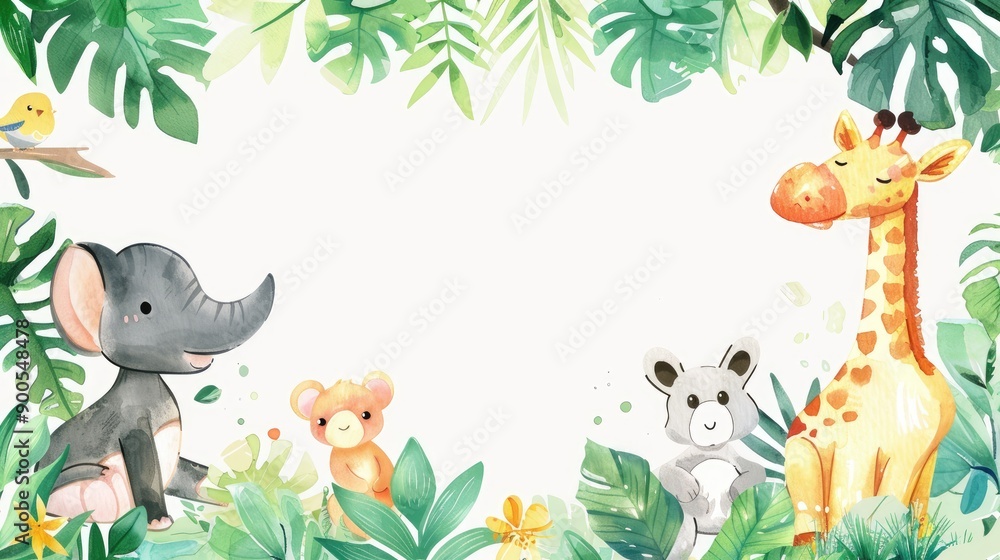 Obraz premium Cute watercolor frame with adorable animals and vibrant plants, offering a whimsical backdrop for your message.
