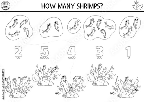 Match the numbers mermaid black and white game with shrimps in seaweeds. Ocean kingdom math activity or coloring page. Marine line educational counting worksheet with sea animals