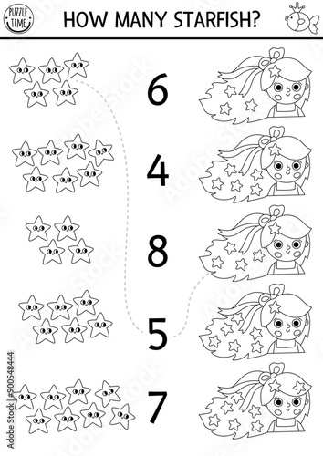 Match the numbers black and white mermaid game with princess and starfish in hair. Fairytale ocean kingdom math activity for kids. Marine line educational counting worksheet, coloring page