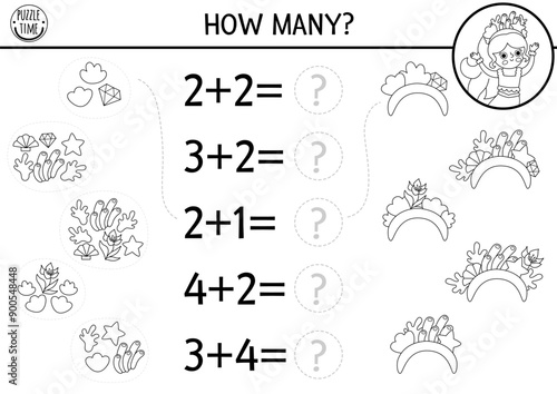 Match the numbers black and white mermaid game with headband, seaweeds, shells. Ocean kingdom math activity, coloring page. Marine educational counting line worksheet with sea princess
