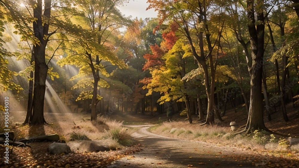 Obraz premium A stunning autumn forest at dawn, where the morning light filters through the trees