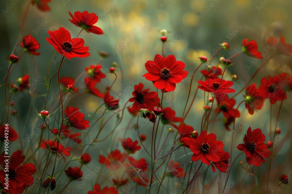 Obraz premium A cluster of bright red flowers growing among the green grass