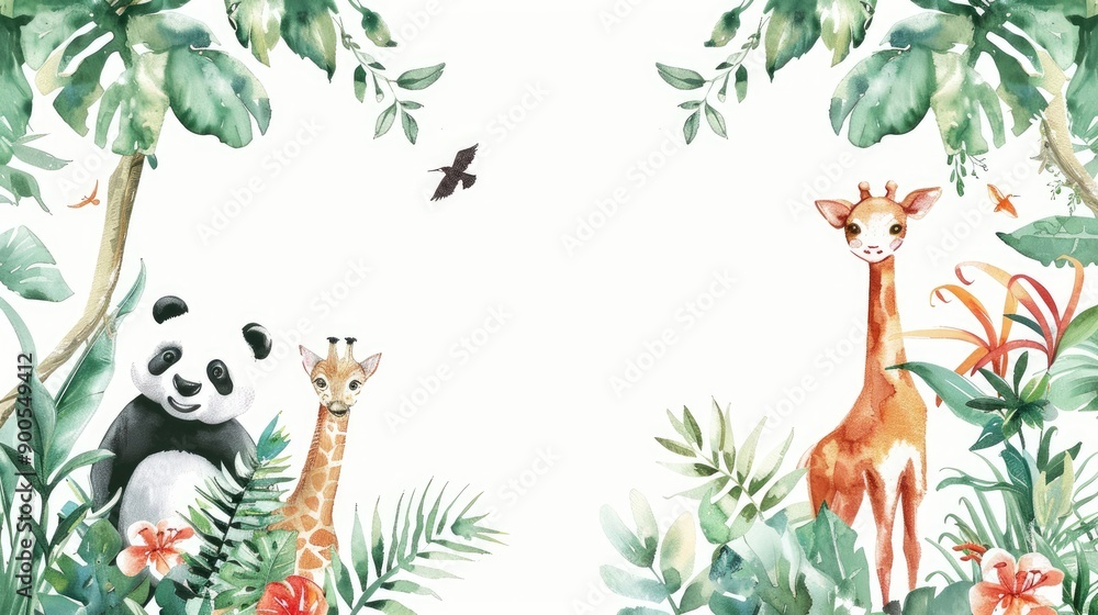 Obraz premium Cute watercolor frame with charming animals and vibrant plants, providing a whimsical backdrop for your message