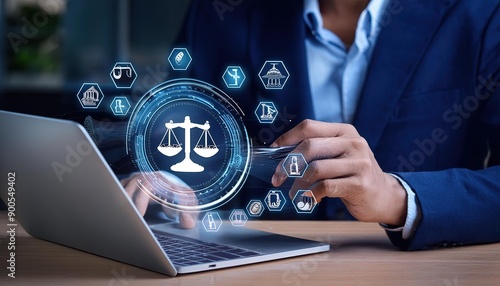 Businessman or Lawyer working with legal services icons on a laptop virtual screen can legal advice online such as labor law for business or company. Notary public, business legislation, justice,