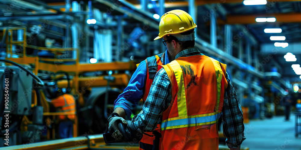 A workplace injury involving heavy machinery: A worker in a hardhat and reflective vest is helped off the factory floor by a co-worker, his arm in a sling A workplace injury involving heavy machinery: A worker in a hardhat and reflective vest is helped off the factory floor by a co-worker, his arm in a sling