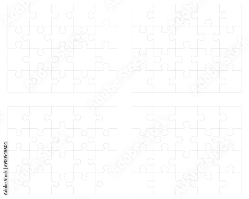 Illustration of four different white puzzles, separate pieces	