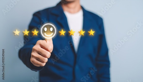 Customer review satisfaction feedback survey concept. Best Excellent Services Rating for Satisfaction present by Hand of Client Showing smile face with excellent rating Five Star. Customer experience,