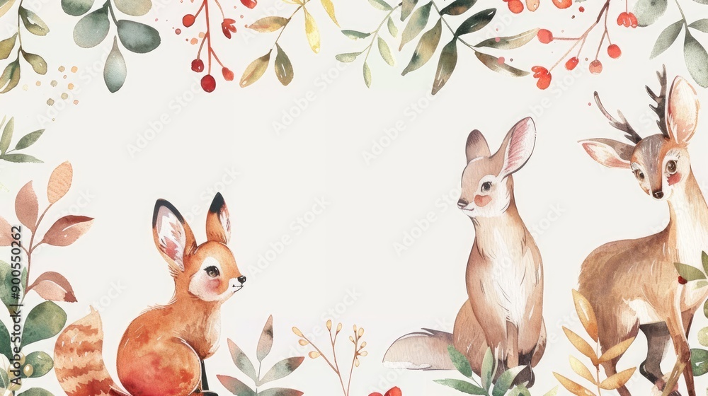 Cute watercolor frame with charming animals and vibrant plants, ideal for your message Cute watercolor frame with charming animals and vibrant plants, ideal for your message