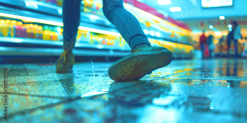 Fototapeta Naklejka Na Ścianę i Meble -  A woman slips and falls on a wet floor in a supermarket, her knee scraping against the concrete. 