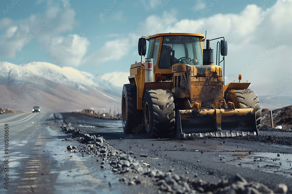 Heavy road equipment repairing the road and laying fresh asphalt, showcasing modern construction and infrastructure maintenance. The scene highlights the machinery, workers, and process involved in ro Heavy road equipment repairing the road and laying fresh asphalt, showcasing modern construction and infrastructure maintenance. The scene highlights the machinery, workers, and process involved in ro