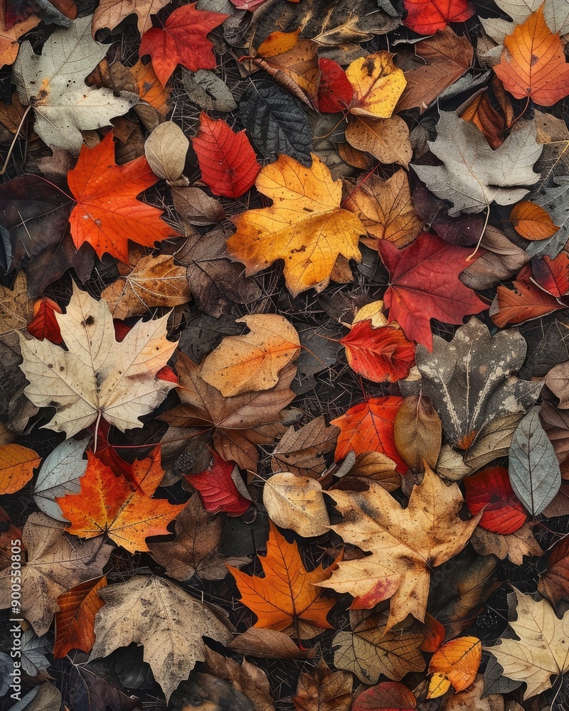 Obraz premium A colorful assortment of autumn leaves scattered on the ground, showcasing vibrant reds, oranges, yellows, and browns.