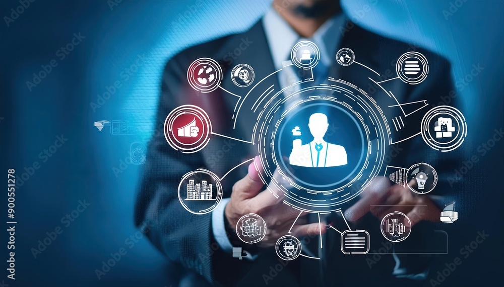 Digital Marketing and Customer Engagement Concept. A person with virtual icons digital marketing, customer engagement, online sales strategies, highlighting data analytics, targeted advertising, ads, Digital Marketing and Customer Engagement Concept. A person with virtual icons digital marketing, customer engagement, online sales strategies, highlighting data analytics, targeted advertising, ads,