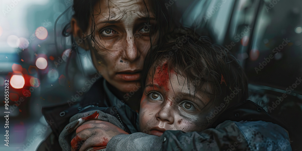 Obraz premium A mother clutches her injured child close, tears streaming down her face as they wait for medical attention.