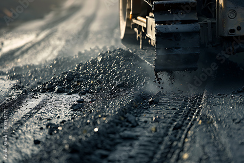 Heavy road equipment repairing the road and laying fresh asphalt, showcasing modern construction and infrastructure maintenance. The scene highlights the machinery, workers, and process involved in ro