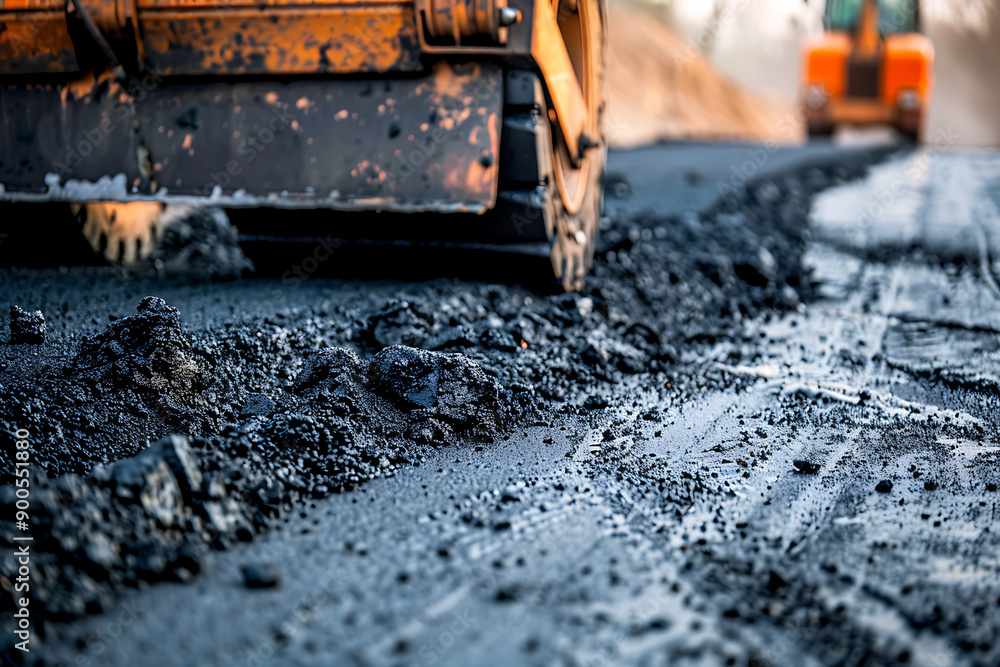 Heavy road equipment repairing the road and laying fresh asphalt, showcasing modern construction and infrastructure maintenance. The scene highlights the machinery, workers, and process involved in ro Heavy road equipment repairing the road and laying fresh asphalt, showcasing modern construction and infrastructure maintenance. The scene highlights the machinery, workers, and process involved in ro