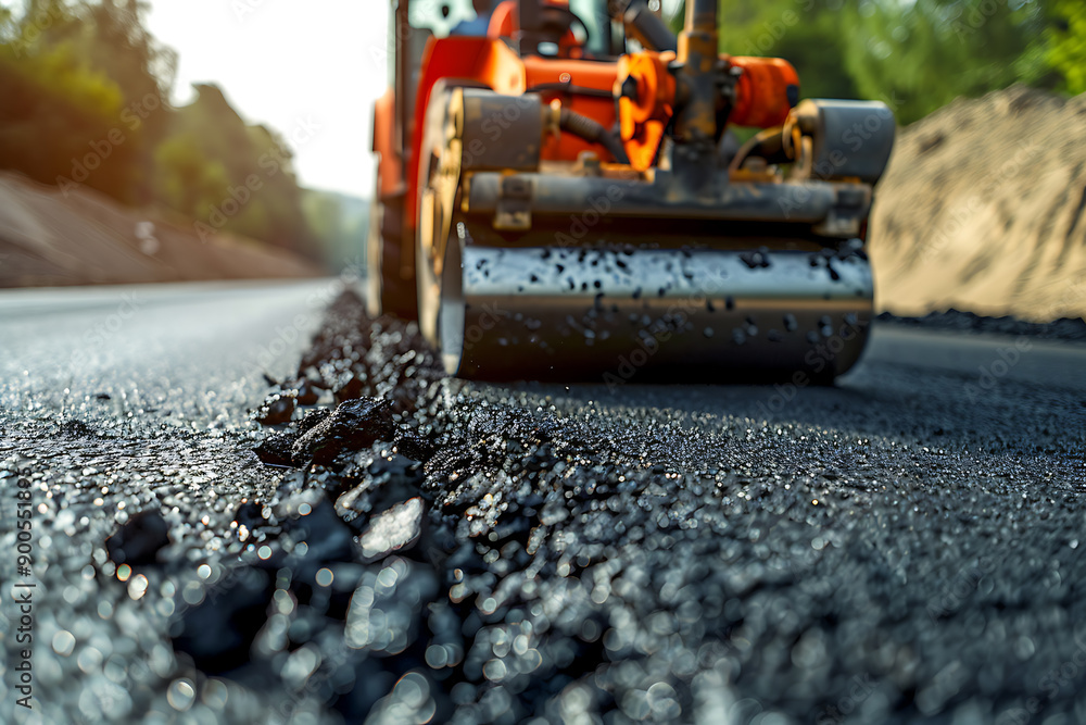 Heavy road equipment repairing the road and laying fresh asphalt, showcasing modern construction and infrastructure maintenance. The scene highlights the machinery, workers, and process involved in ro Heavy road equipment repairing the road and laying fresh asphalt, showcasing modern construction and infrastructure maintenance. The scene highlights the machinery, workers, and process involved in ro