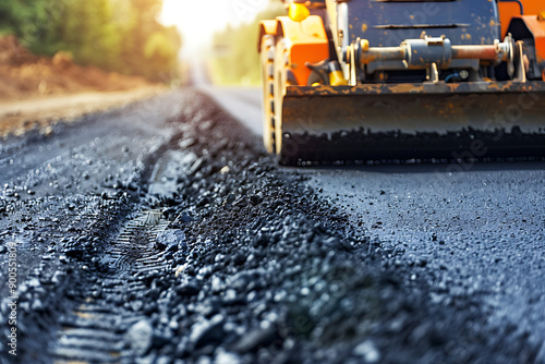 Heavy road equipment repairing the road and laying fresh asphalt, showcasing modern construction and infrastructure maintenance. The scene highlights the machinery, workers, and process involved in ro