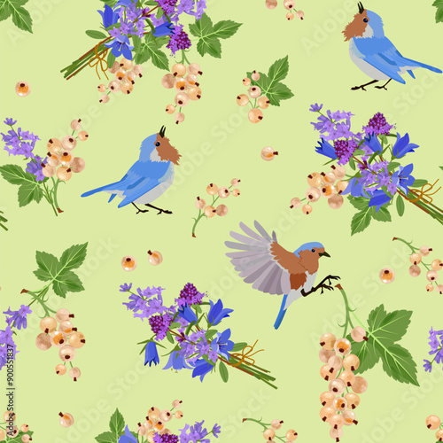 Vector white currant, lavender, campanula and birds. Seamless pattern. Background design for natural cosmetics, packaging and textile.