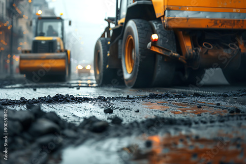 Heavy road equipment repairing the road and laying fresh asphalt, showcasing modern construction and infrastructure maintenance. The scene highlights the machinery, workers, and process involved in ro