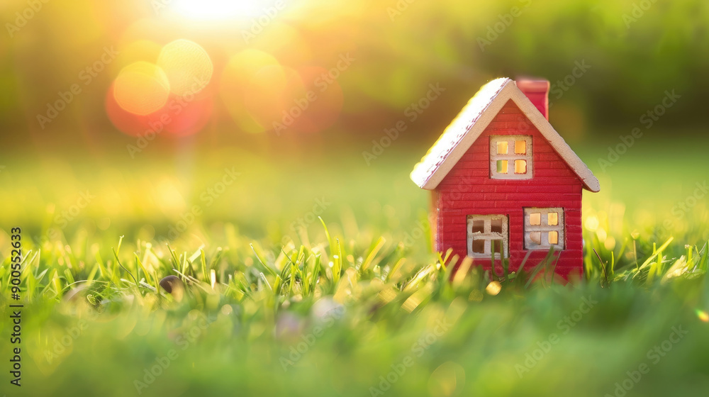 Small Red House Surrounded by Lush Green Grass in the Morning Sunlight Small Red House Surrounded by Lush Green Grass in the Morning Sunlight