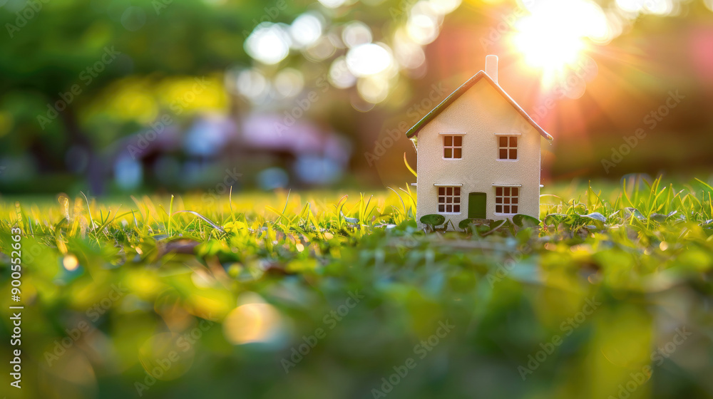 Small Red House Surrounded by Lush Green Grass in the Morning Sunlight Small Red House Surrounded by Lush Green Grass in the Morning Sunlight