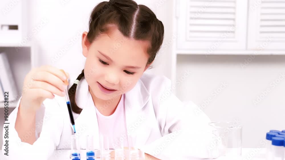 A young girl in a lab coat carefully uses a pipette to conduct a scientific experiment in a laboratory, showcasing her interest in science and hands-on learning. Ideal for educational and STEM-related A young girl in a lab coat carefully uses a pipette to conduct a scientific experiment in a laboratory, showcasing her interest in science and hands-on learning. Ideal for educational and STEM-related