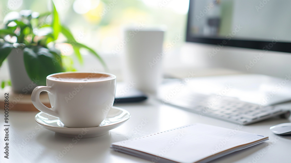 a clean, organized desk with a computer, coffee cup, and planner, soft colors a clean, organized desk with a computer, coffee cup, and planner, soft colors