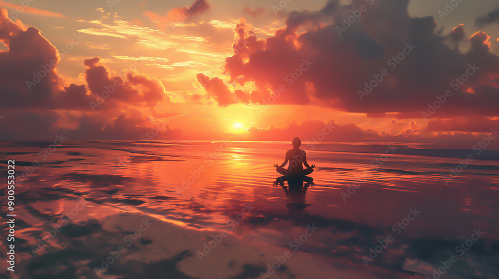 A person meditating on a beach with a beautiful sunset A person meditating on a beach with a beautiful sunset